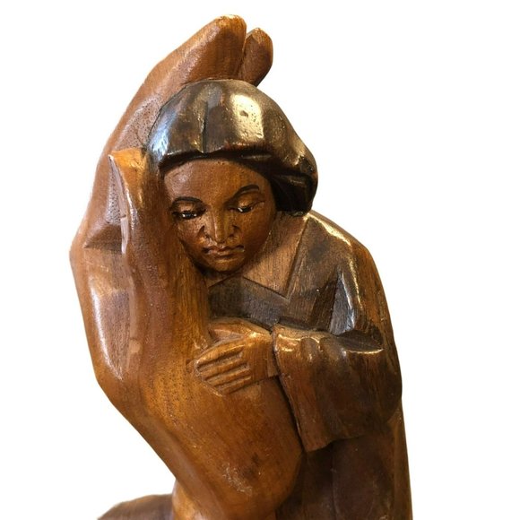 Wood Sculpture Held in Gods Hands Artisan Piece Women Held in Gods Hand 6" Tall - Picture 2 of 7